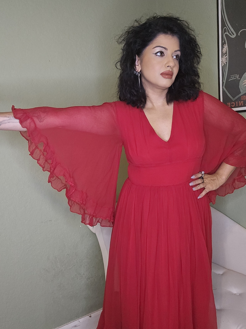 Handmade One Of A Kind Red V-Neck Flutter Sleeve Maxi Dress